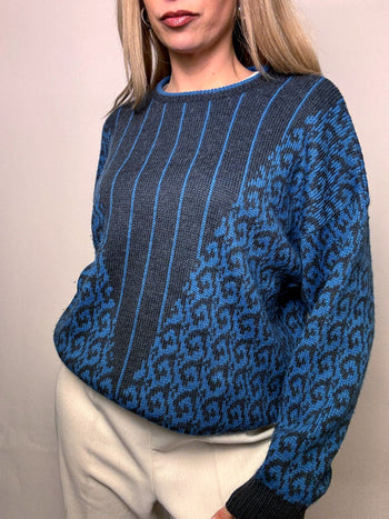 Pull bicolore à flammes bleu et noir M/L vintage