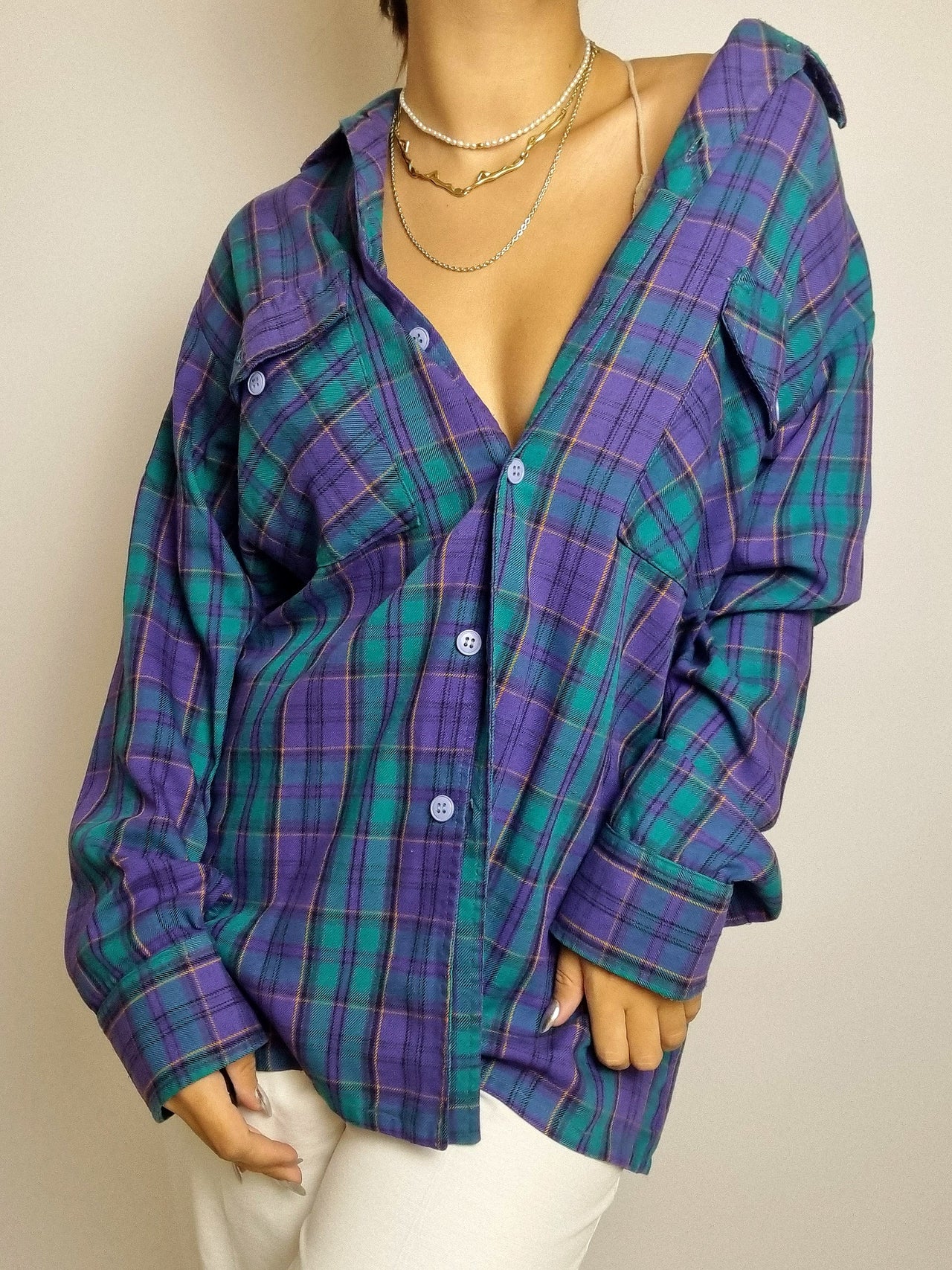 Chemise vintage violette et verte à carreaux M