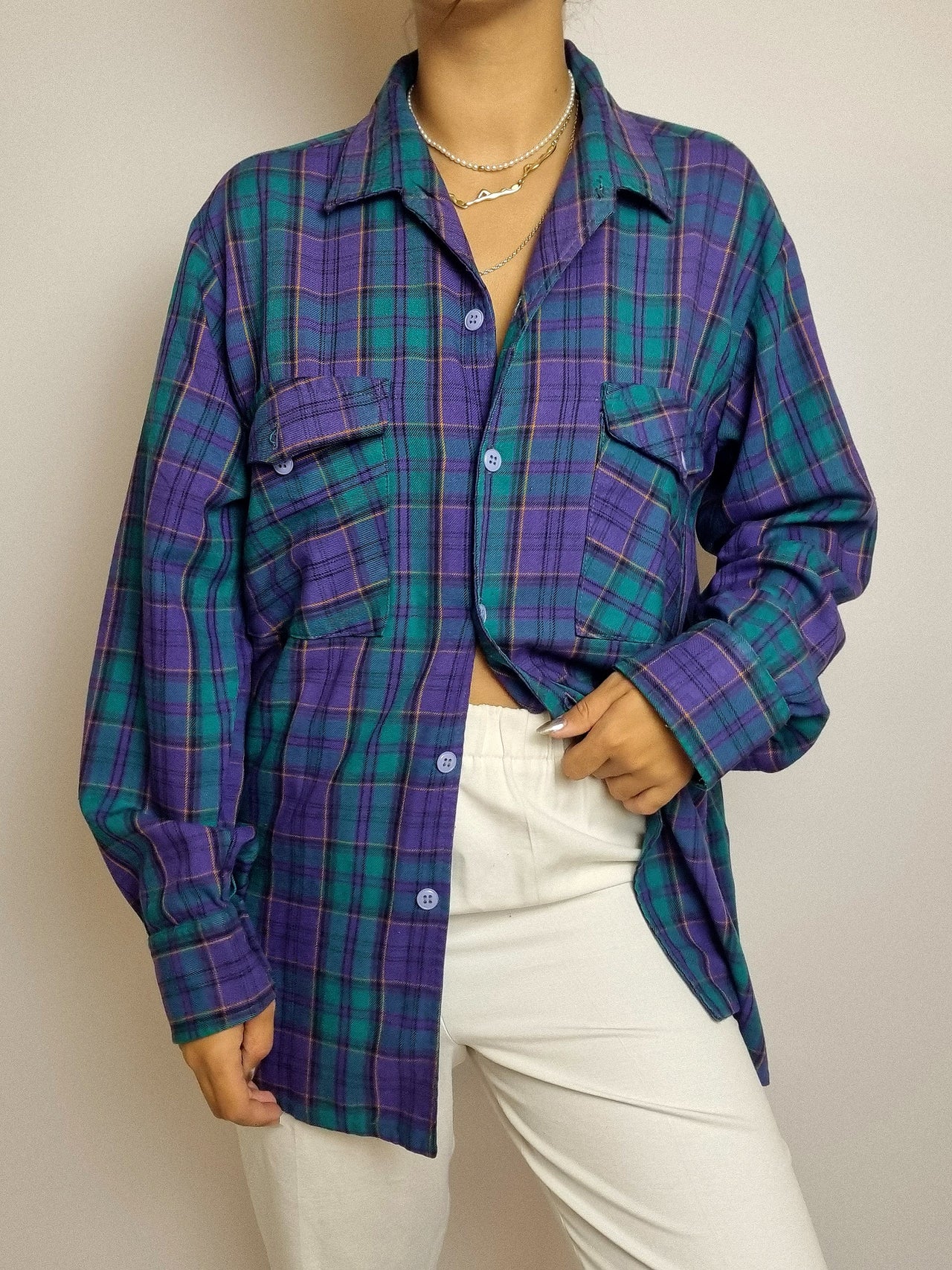 Chemise vintage violette et verte à carreaux M