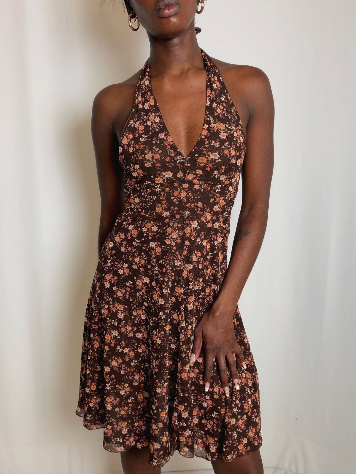Robe en mesh courte à fleurs brune S vintage