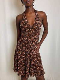 Robe en mesh courte à fleurs brune S vintage