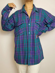 Chemise vintage violette et verte à carreaux M