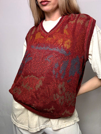 Gilet en maille rouge à motif M/L vintage