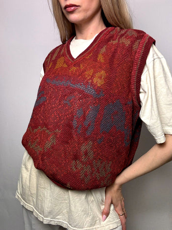 Gilet en maille rouge à motif M/L vintage