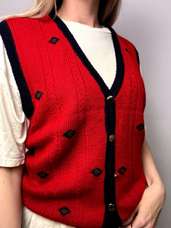 Gilet en laine rouge à boutons M vintage