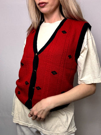 Gilet en laine rouge à boutons M vintage