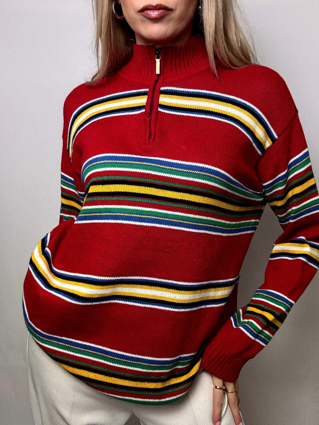 Vintage RALPH LAUREN rot gestreifter Rollkragenpullover L