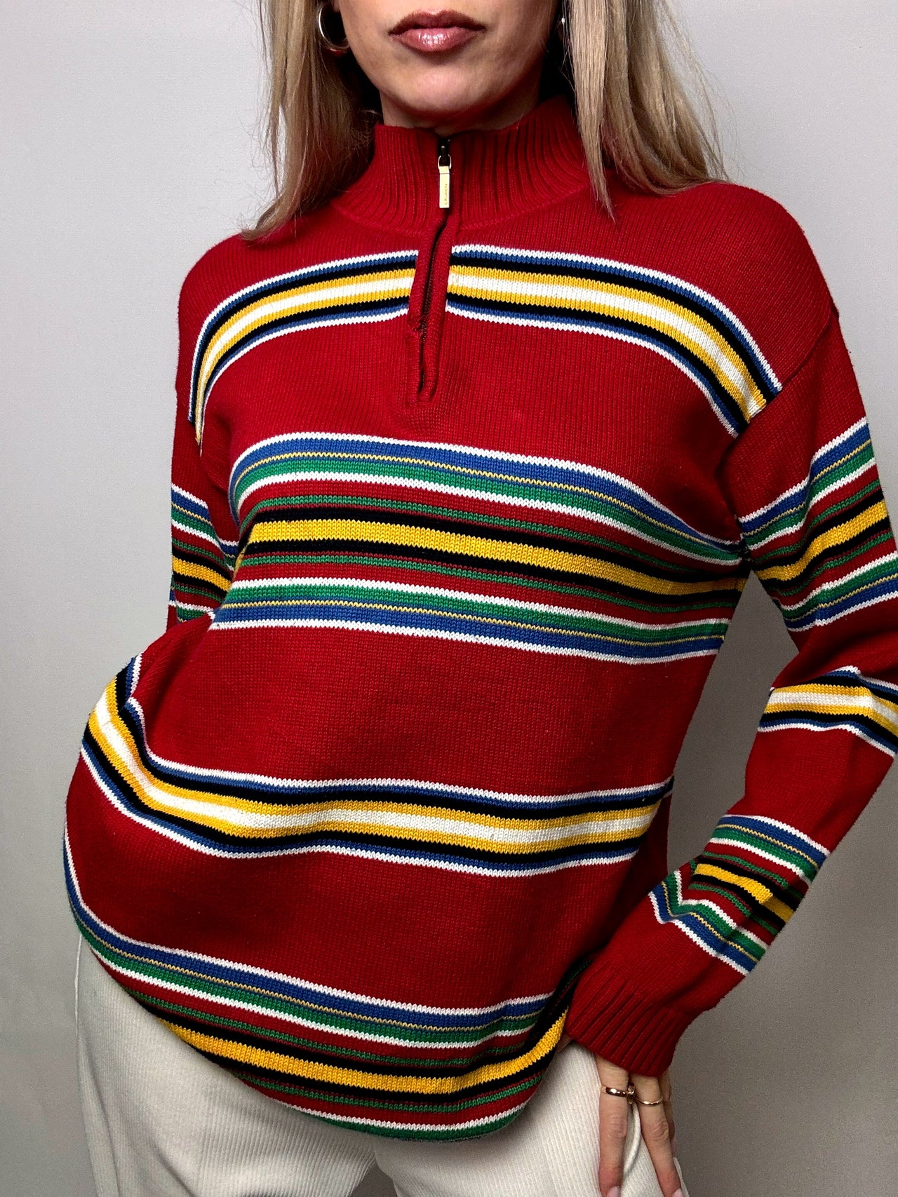 Pull a col cheminé rayé rouge RALPH LAUREN L vintage