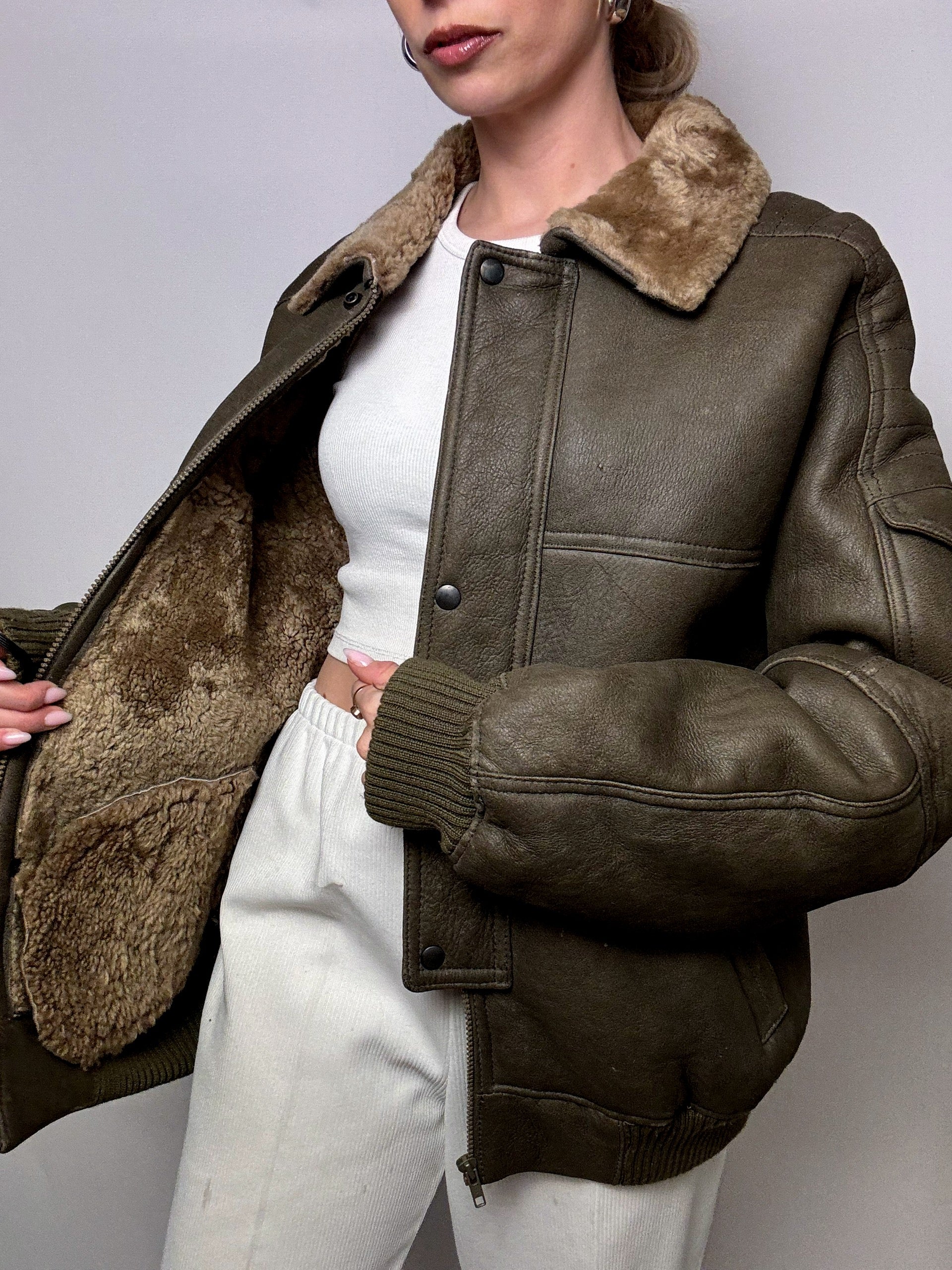 Vintage Khaki Shearling Jacket L/XL