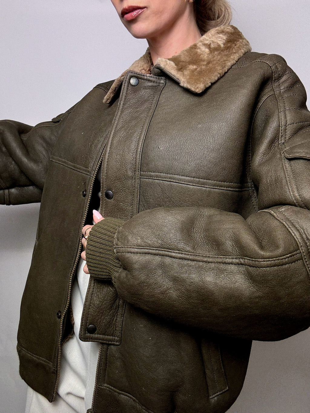 Vintage Khaki Shearling Jacket L/XL