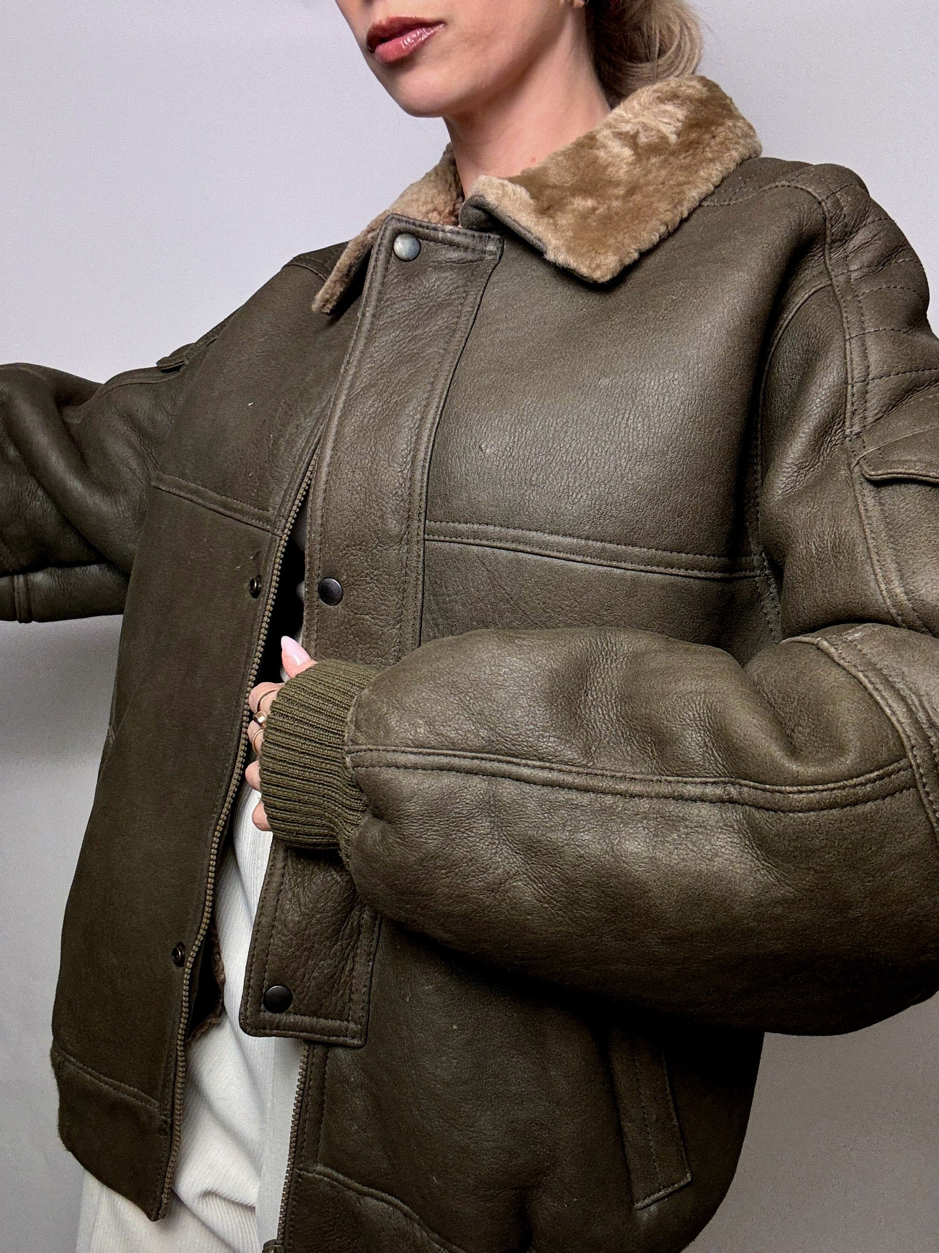 Vintage Khaki Shearling Jacket L/XL