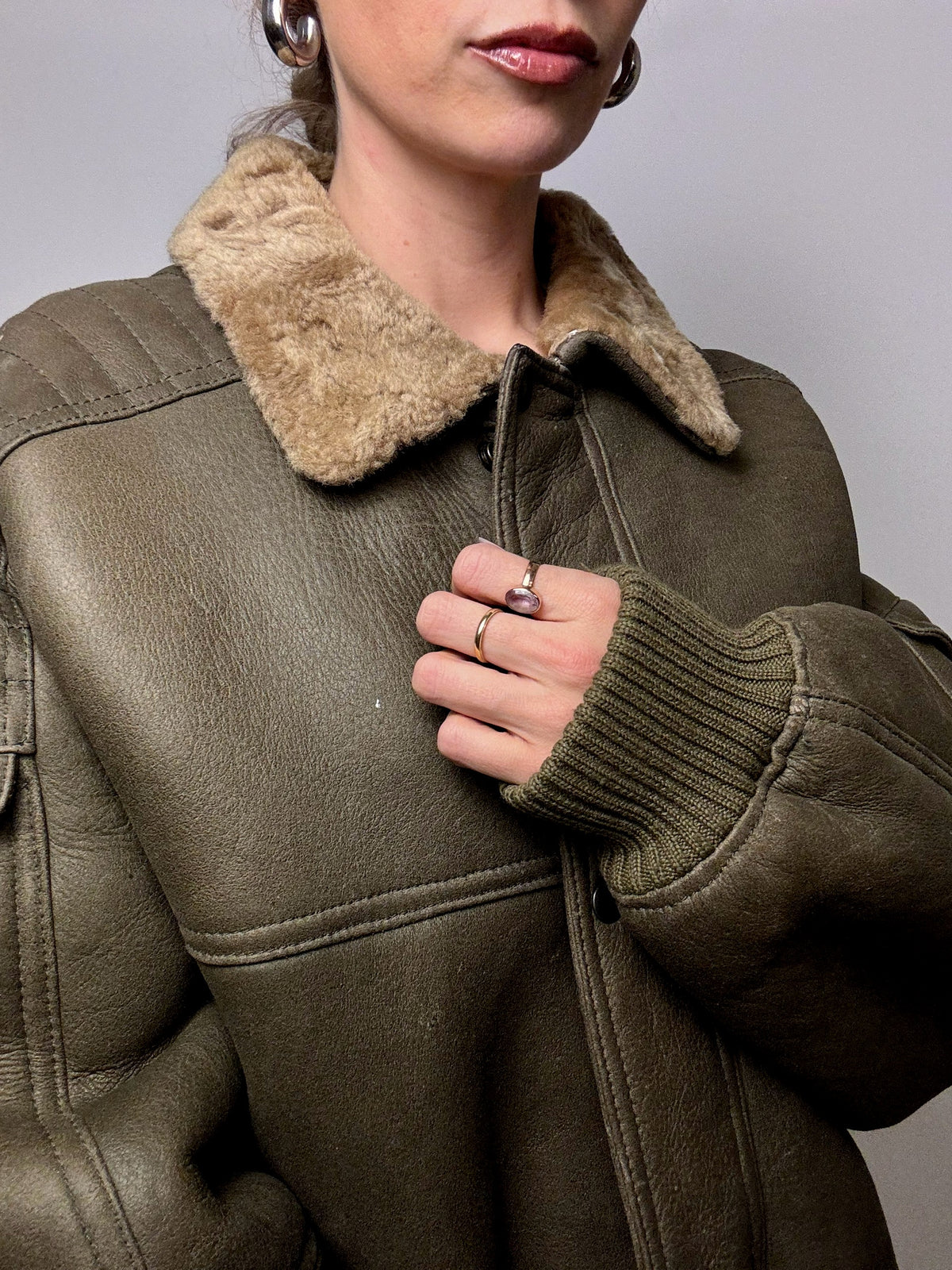 Vintage Khaki Shearling Jacket L/XL