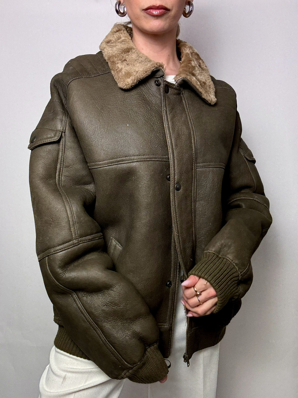 Vintage Khaki Shearling Jacket L/XL