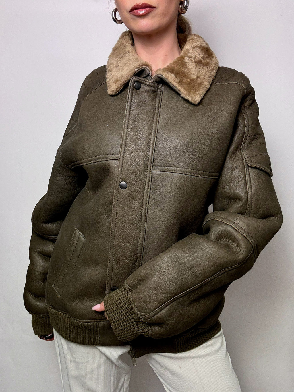 Vintage Khaki Shearling Jacket L/XL