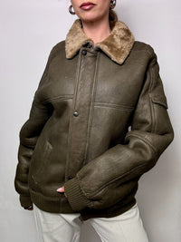 Vintage Khaki Shearling Jacket L/XL