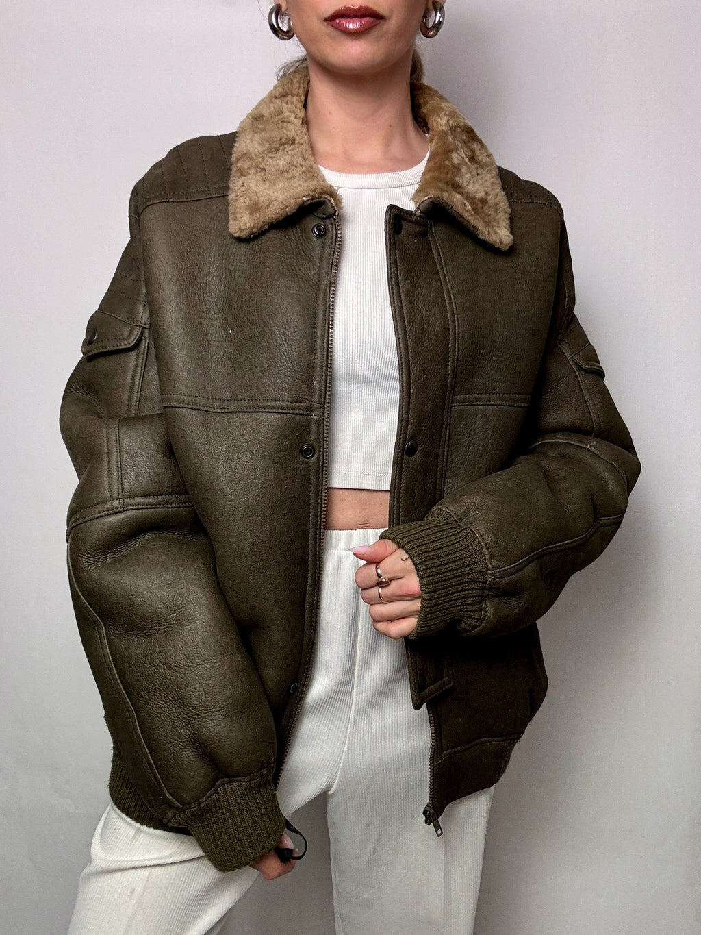 Vintage Khaki Shearling Jacket L/XL