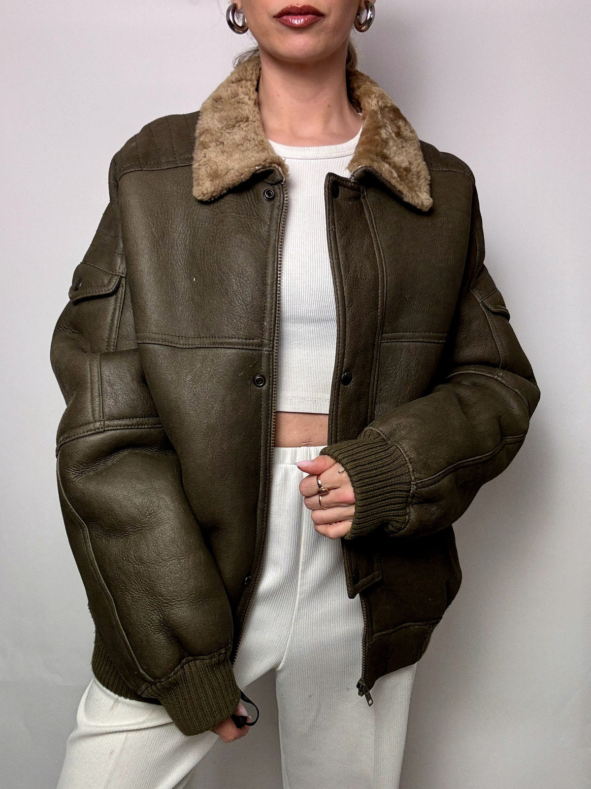 Vintage Khaki Shearling Jacket L/XL