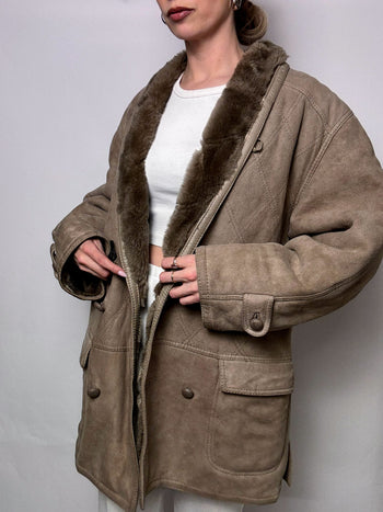 Manteau en peau de mouton retournée taupe L/XL vintage