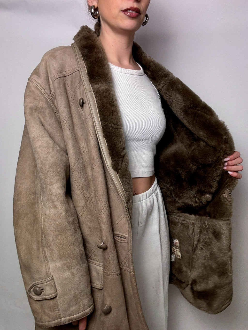 Vintage Taupe Shearling Mantel L/XL