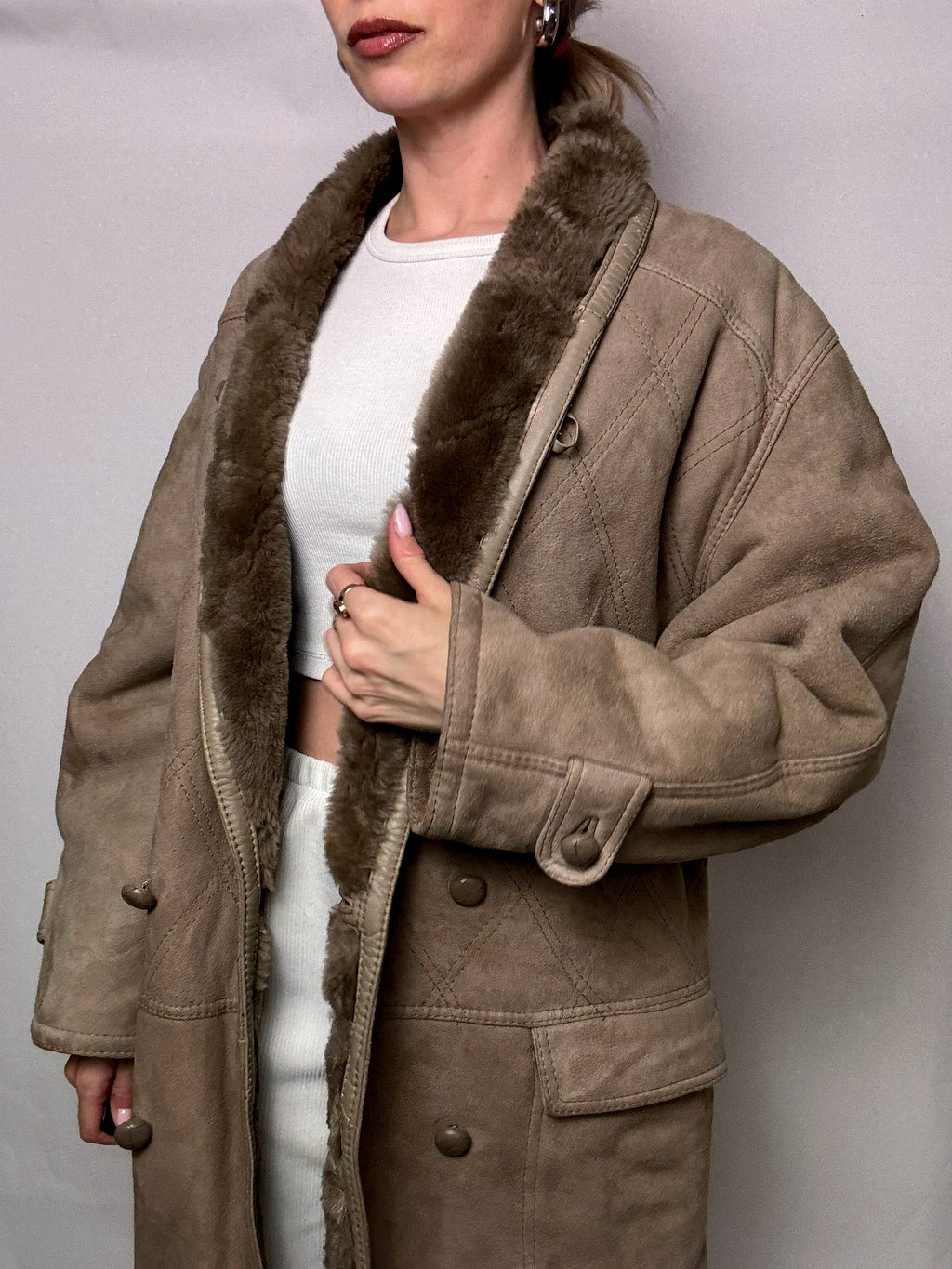 Vintage Taupe Shearling Mantel L/XL