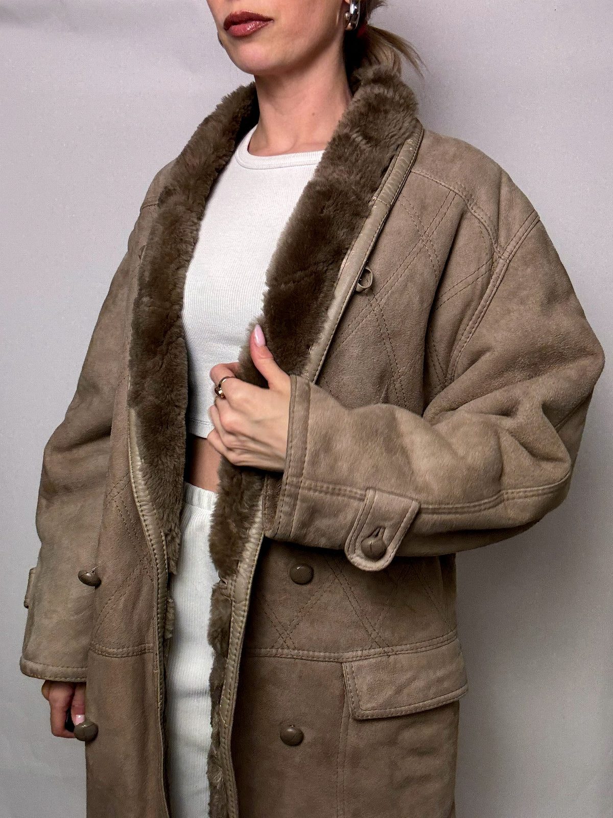 Vintage Taupe Shearling Mantel L/XL
