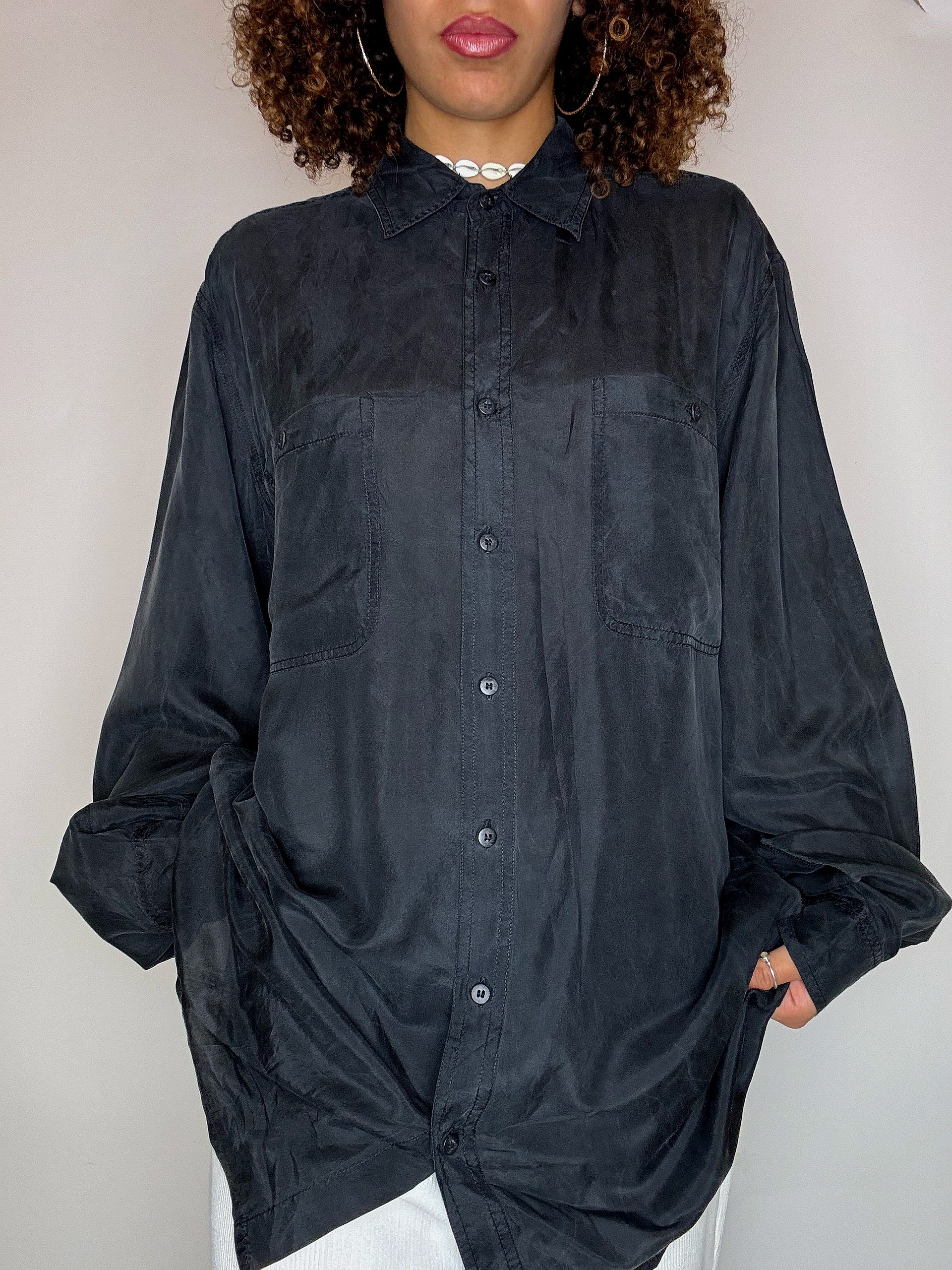 Vintage black silk shirt XL