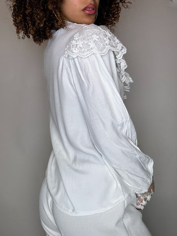 Chemise blanche à col et manches dentelles S/M vintage