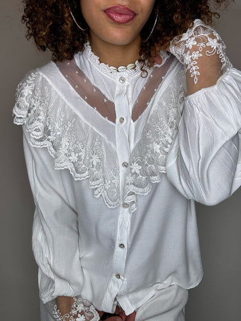 Chemise blanche à col et manches dentelles S/M vintage