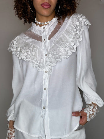 Chemise blanche à col et manches dentelles S/M vintage
