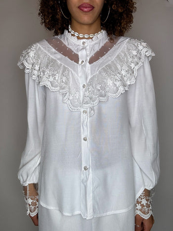 Chemise blanche à col et manches dentelles S/M vintage