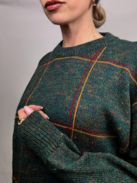 Vintage green plaid crew neck sweater L