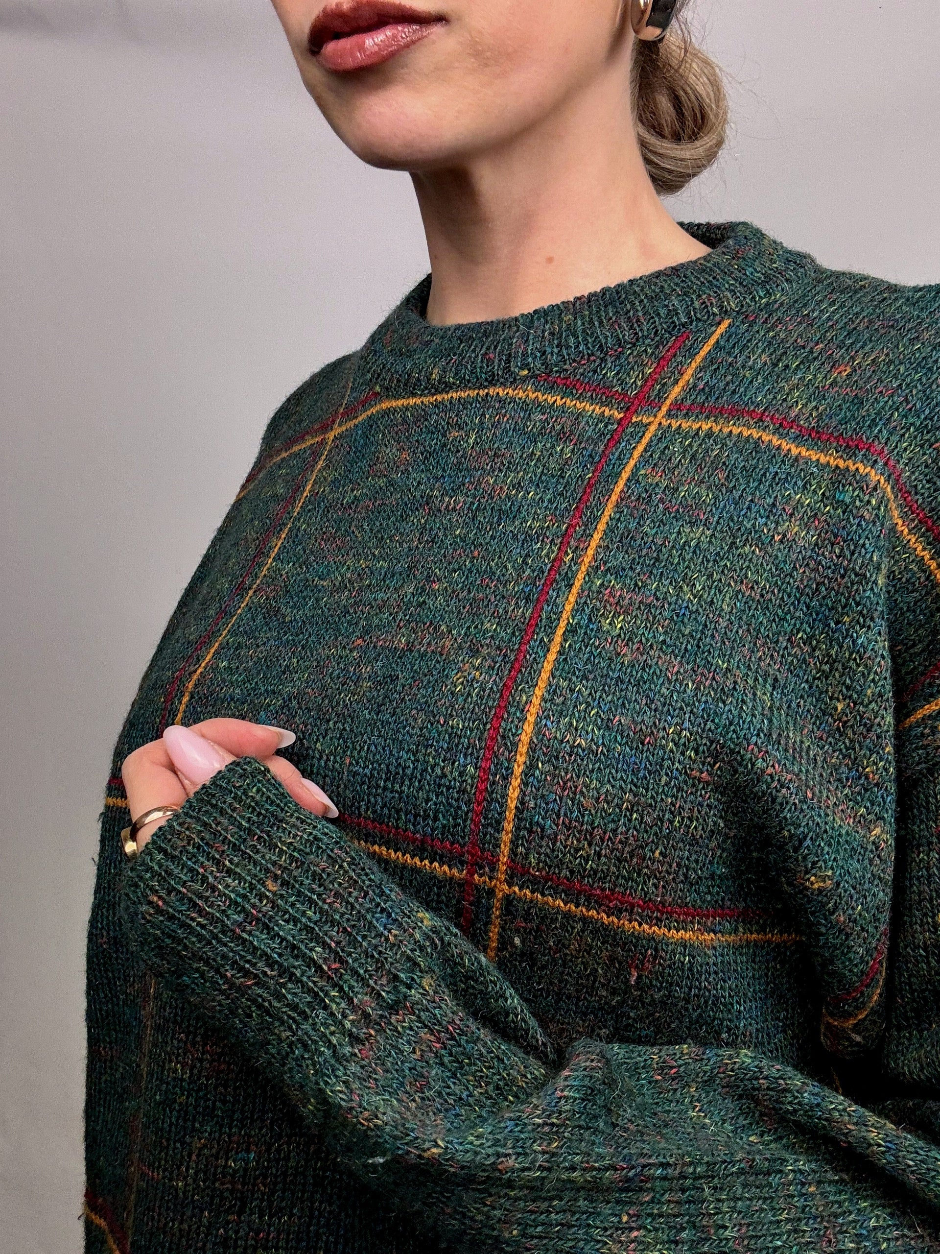 Vintage green plaid crew neck sweater L