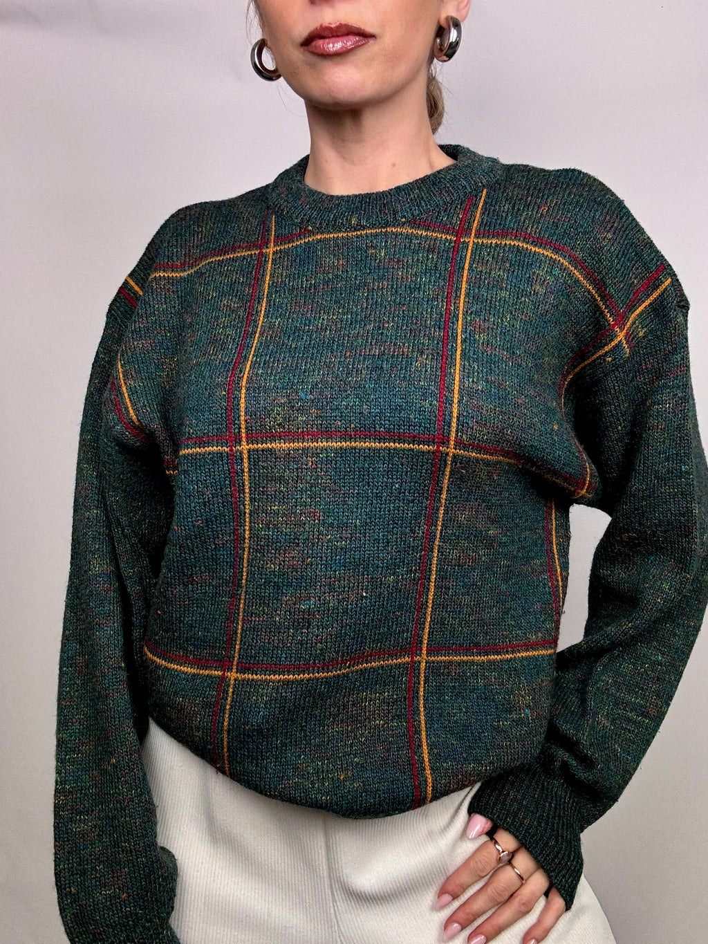 Vintage green plaid crew neck sweater L