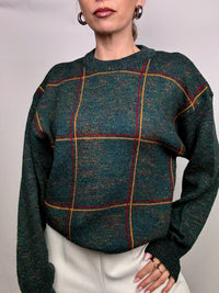 Vintage green plaid crew neck sweater L
