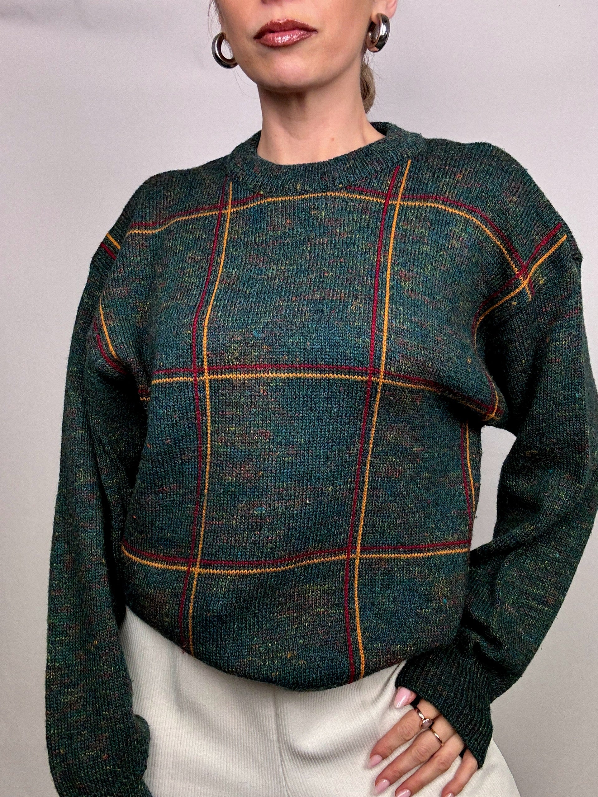 Vintage green plaid crew neck sweater L