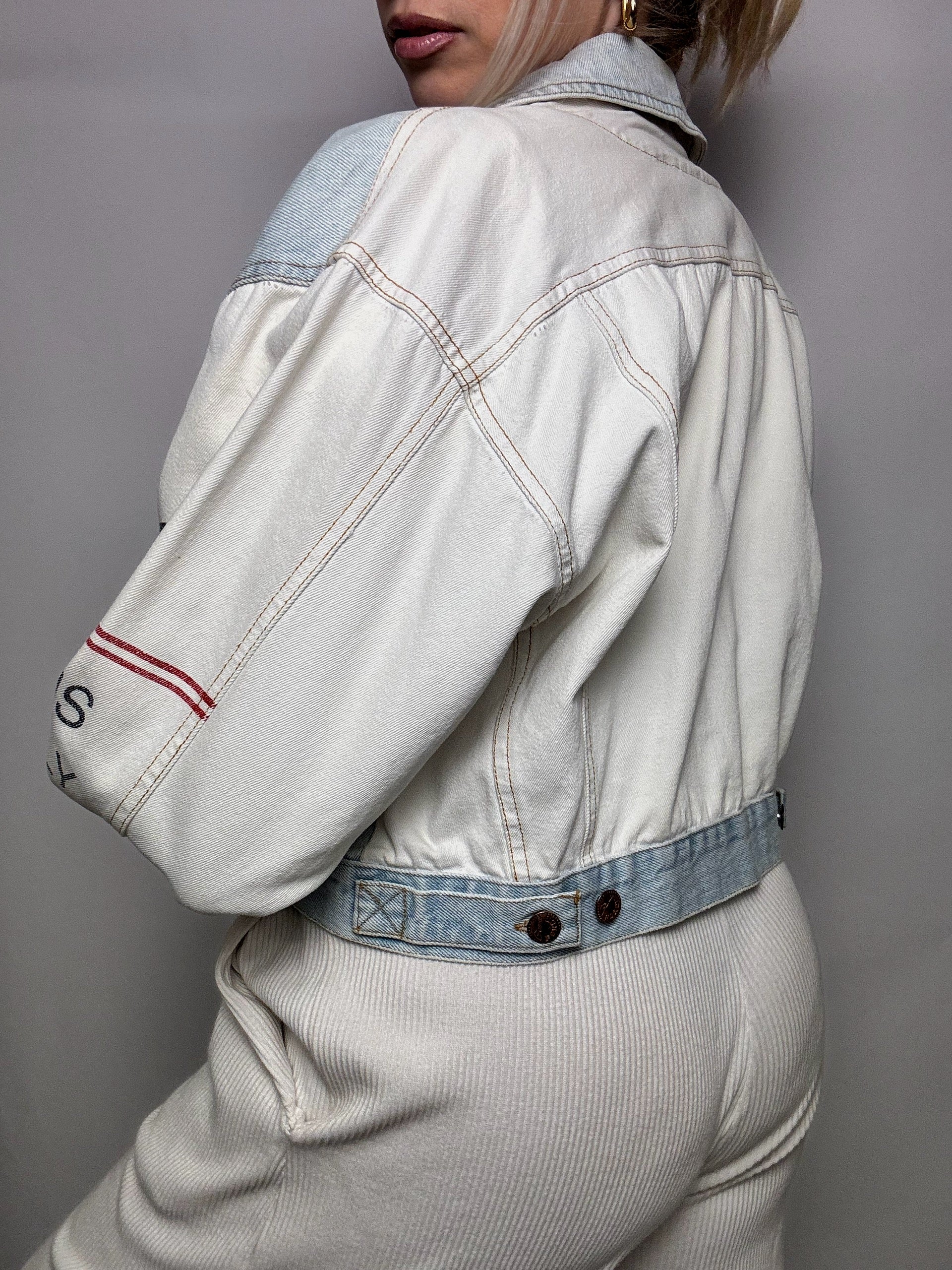 Veste en denim bicolore crop L vintage