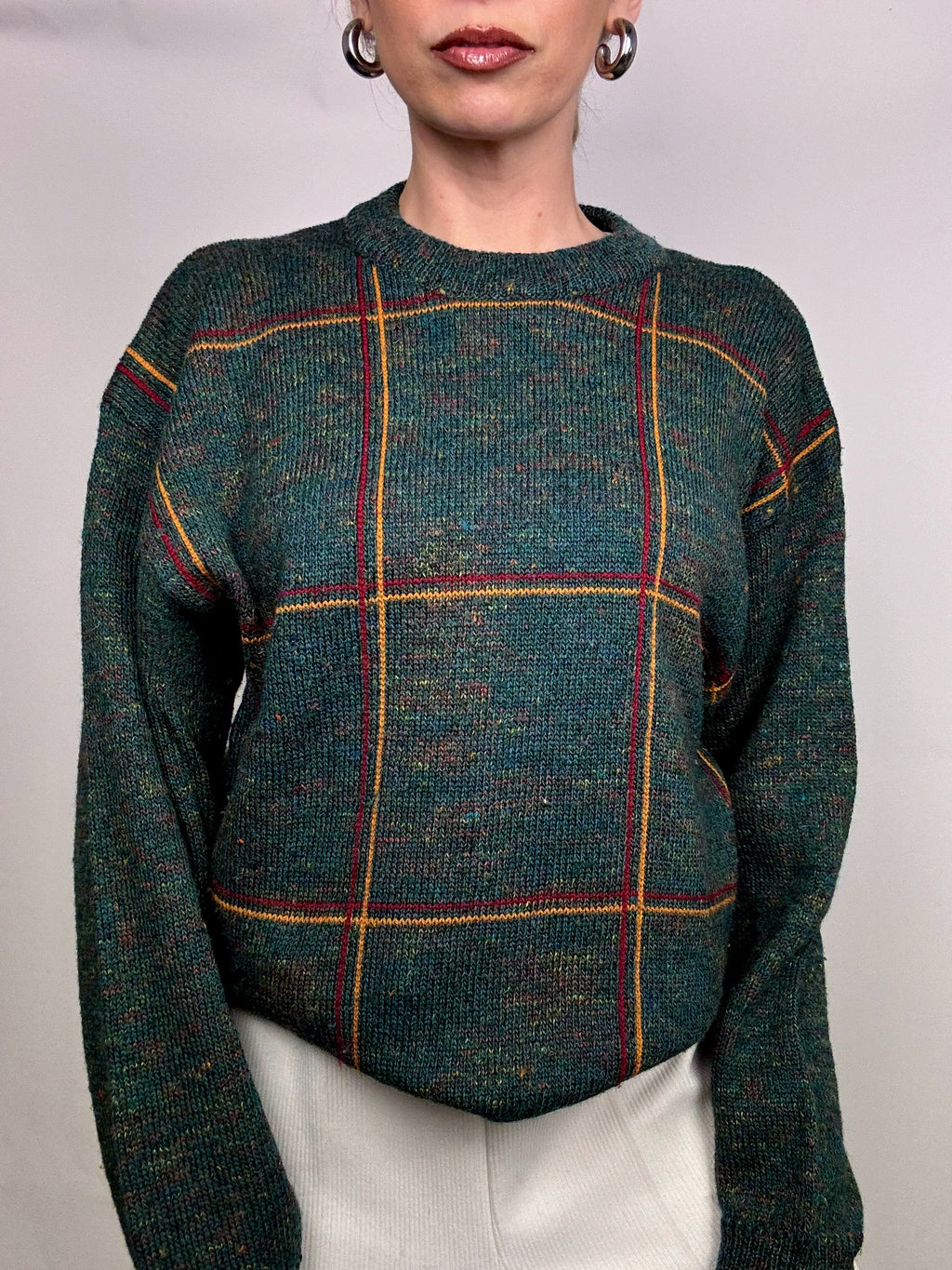 Vintage green plaid crew neck sweater L