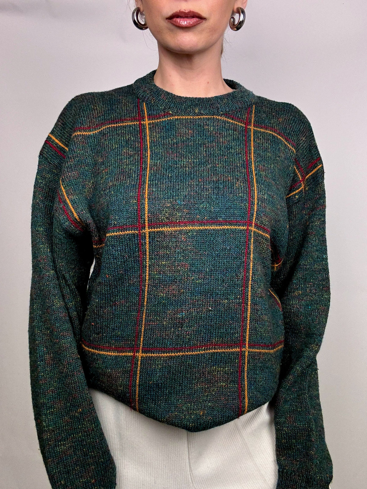 Vintage green plaid crew neck sweater L