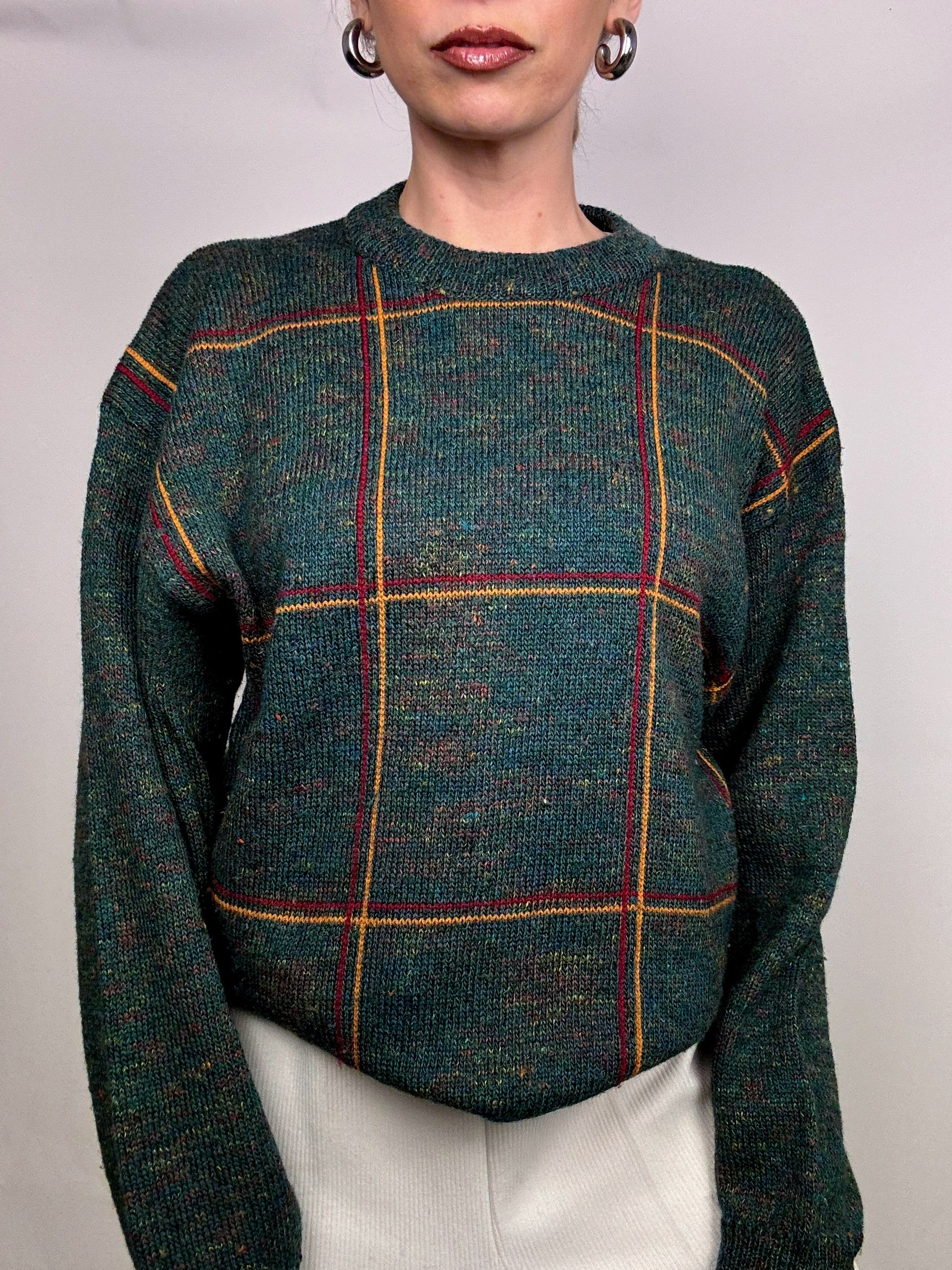 Vintage green plaid crew neck sweater L