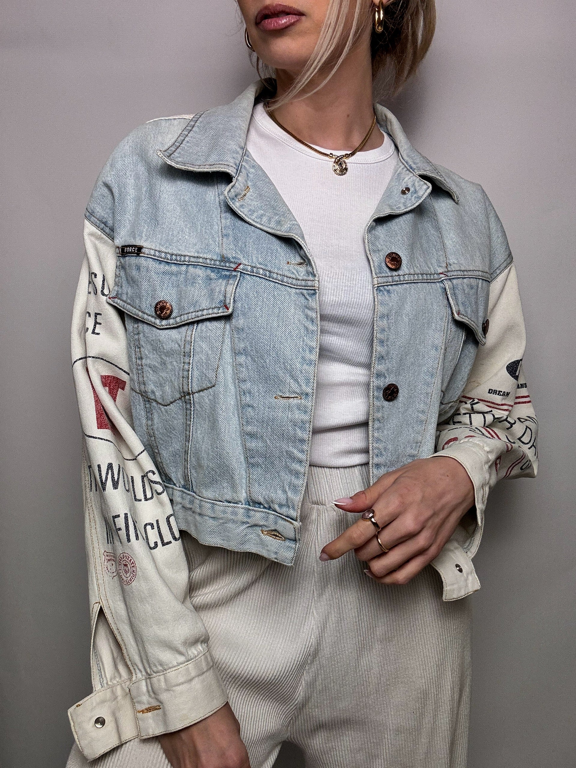 Veste en denim bicolore crop L vintage