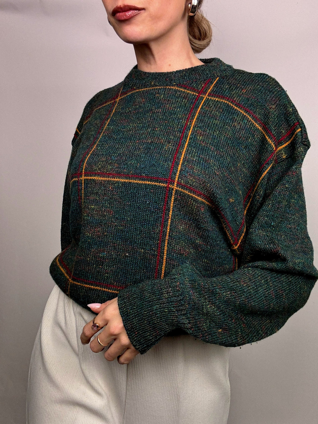 Vintage green plaid crew neck sweater L
