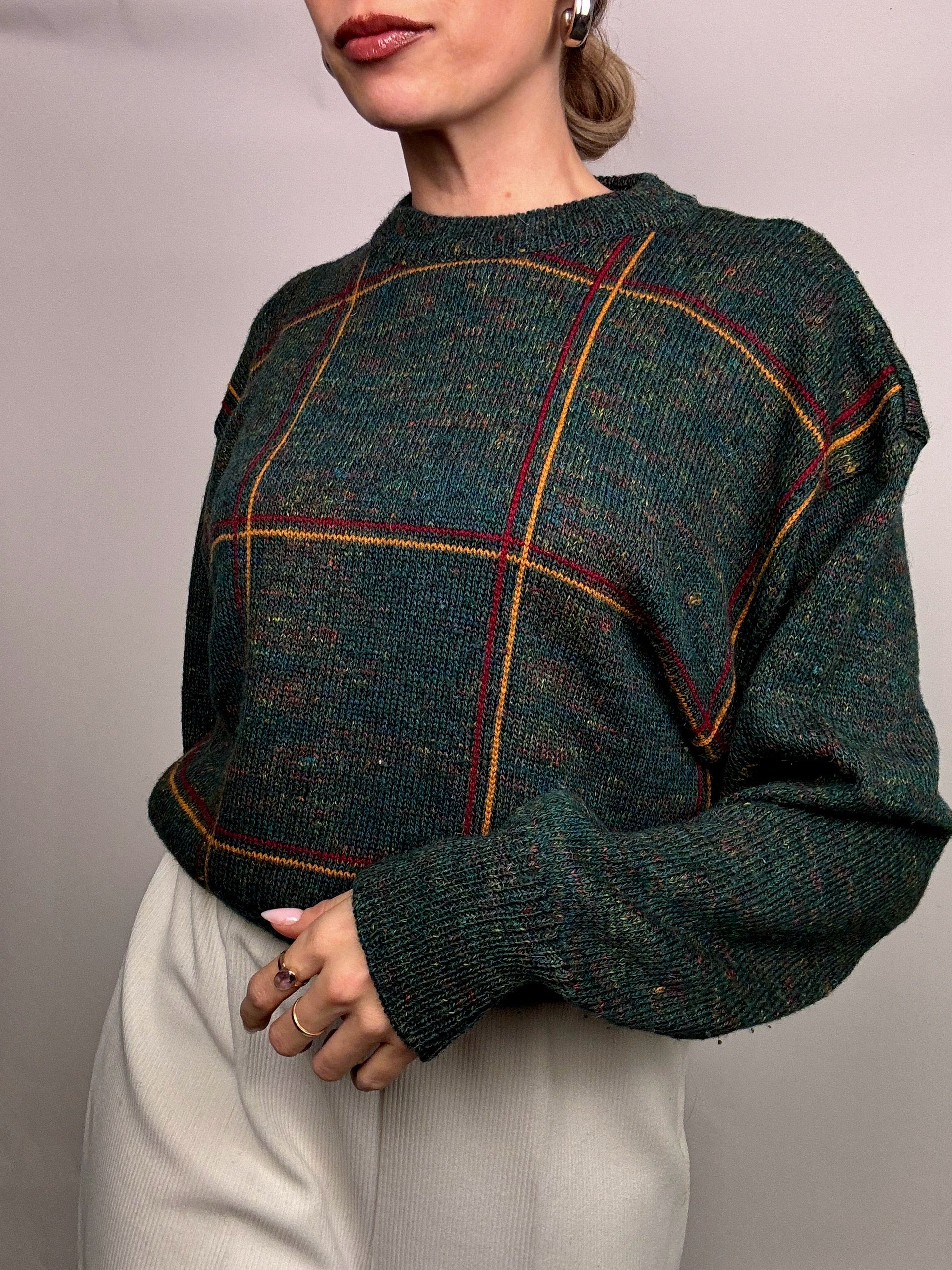 Vintage green plaid crew neck sweater L