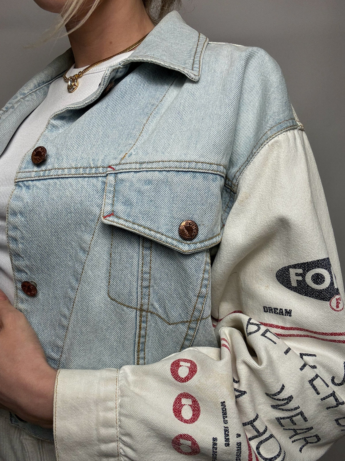 Veste en denim bicolore crop L vintage