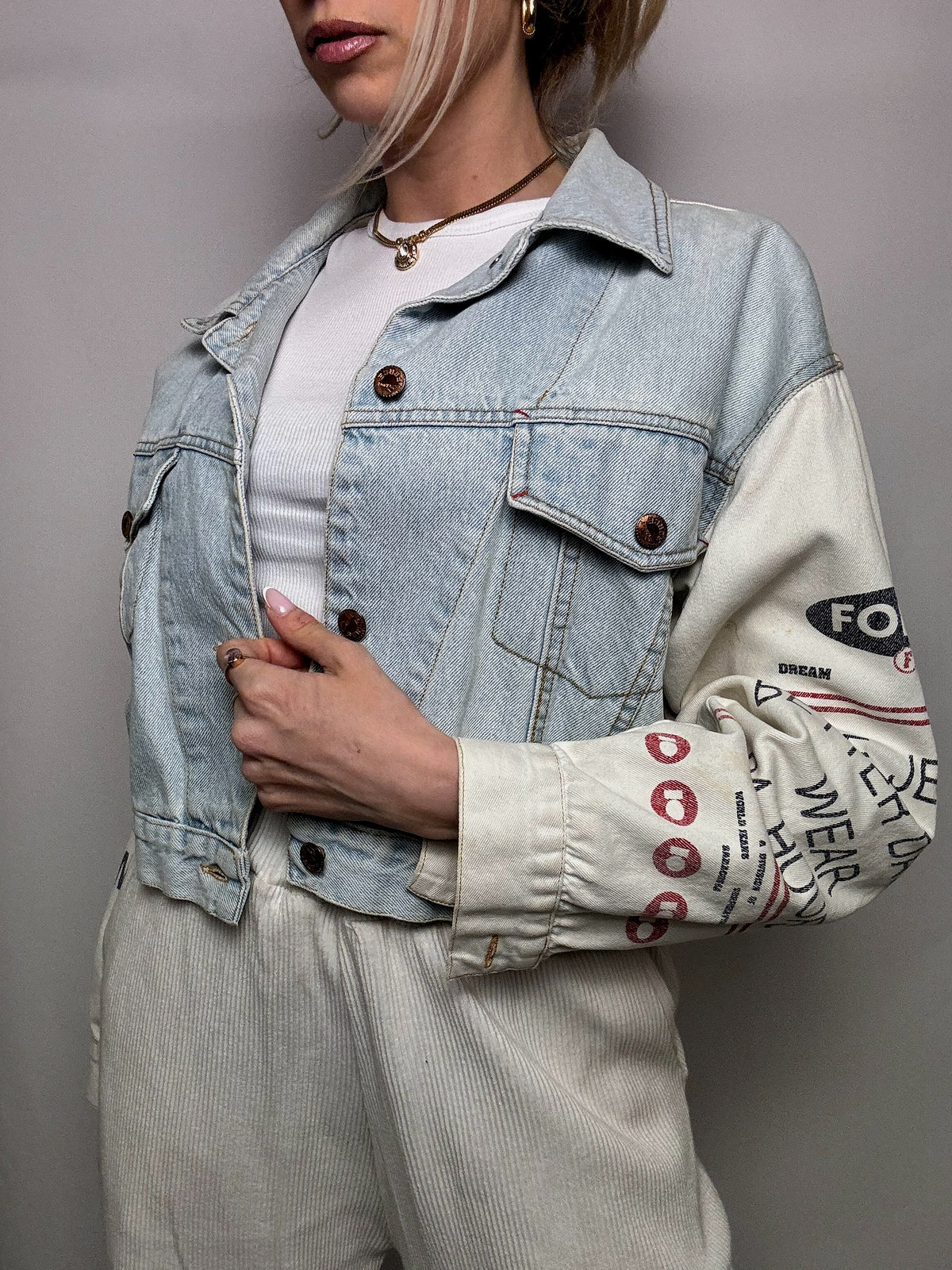 Veste en denim bicolore crop L vintage