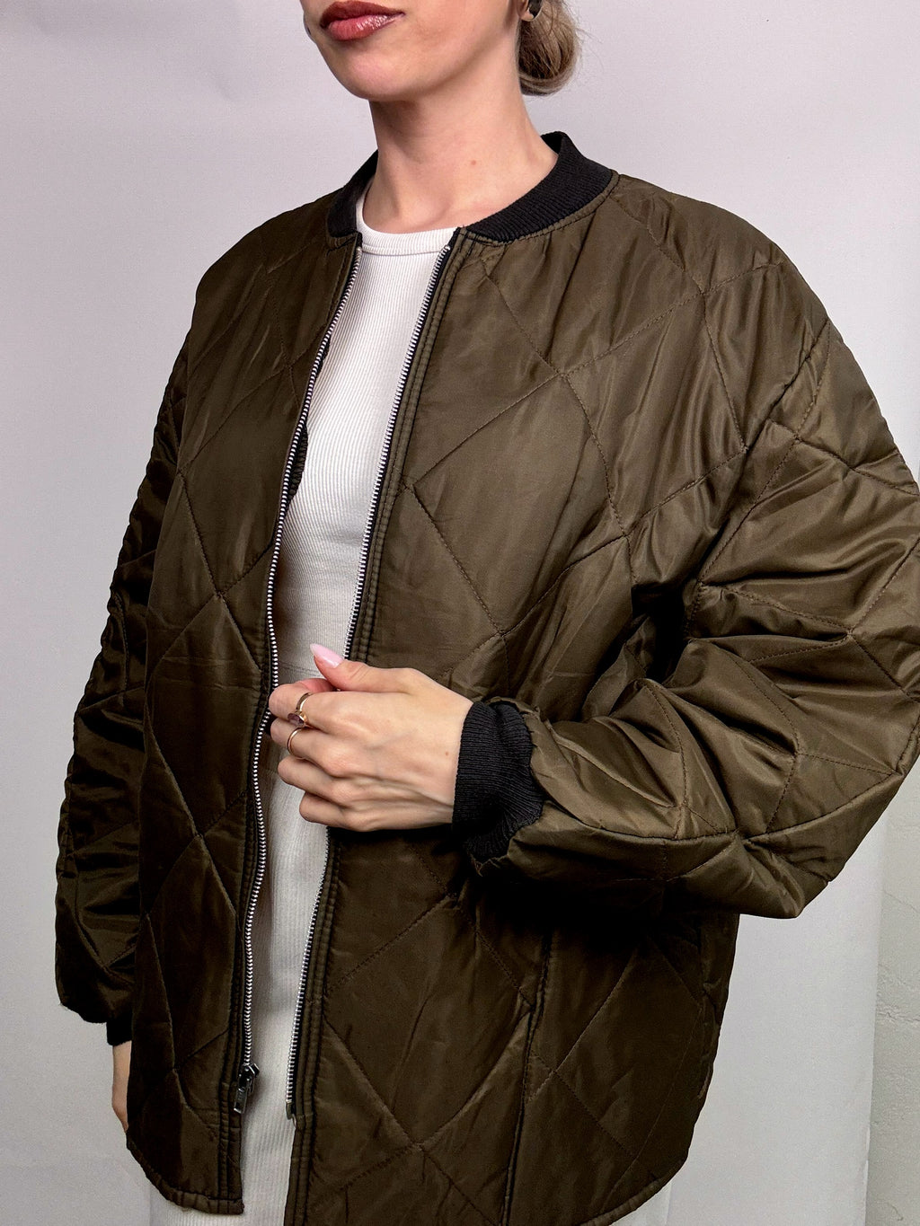 M/L khaki quilted bomber jacket