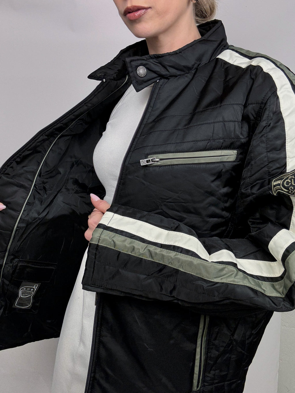 Vintage M schwarze und khakifarbene Rennjacke