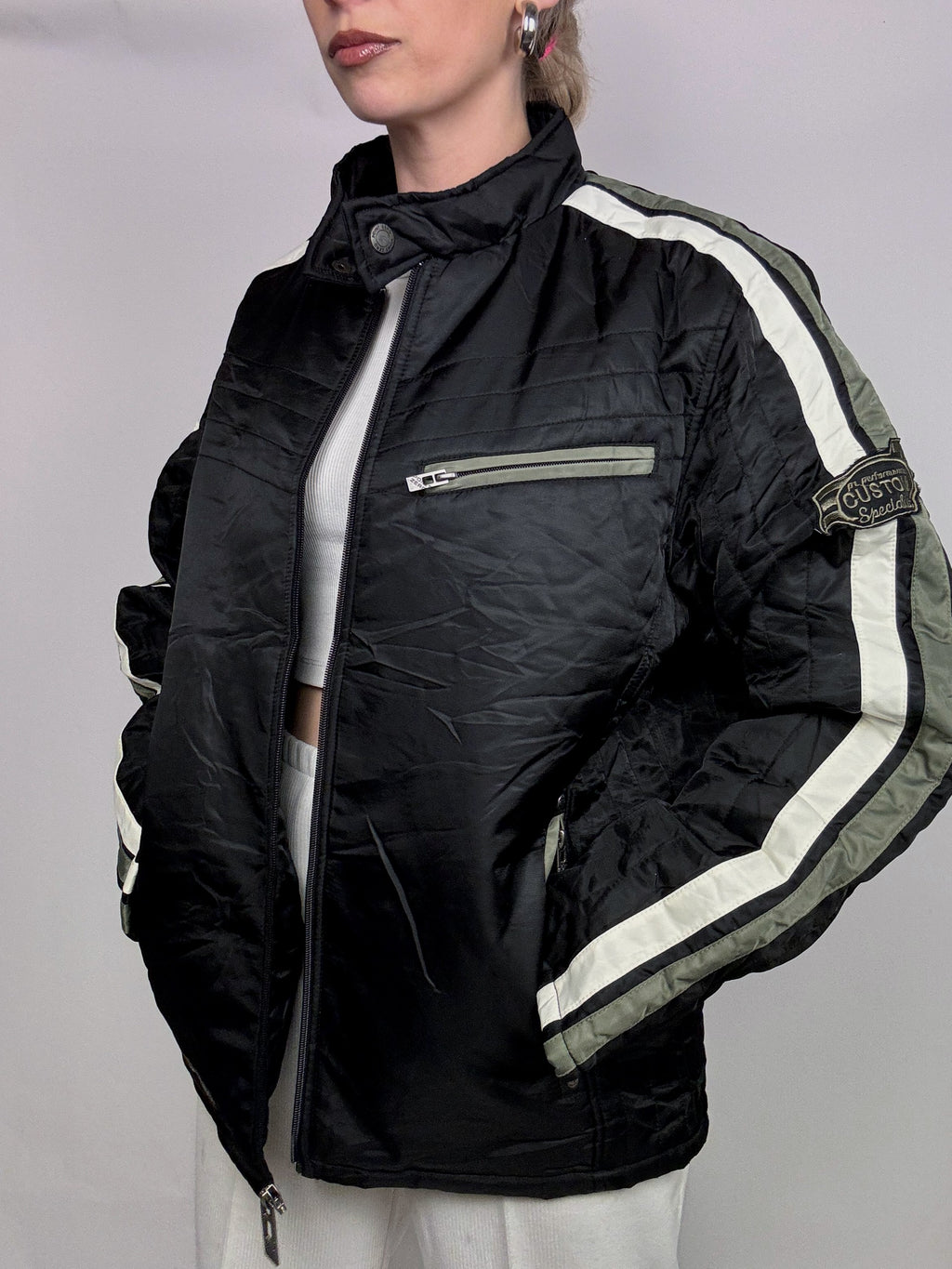 Vintage M schwarze und khakifarbene Rennjacke