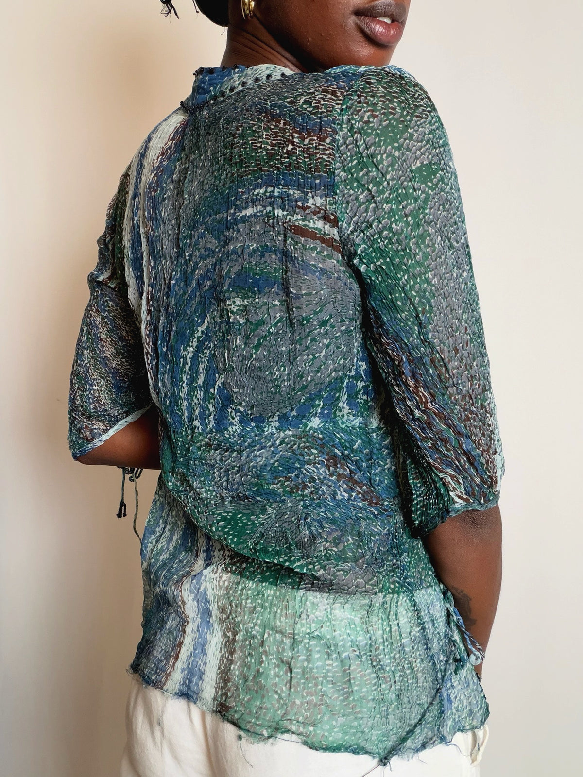 Top bleu à motif Derhy S vintage
