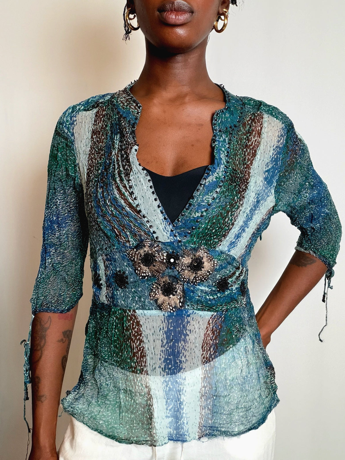 Top bleu à motif Derhy S vintage