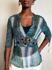 Top bleu à motif Derhy S vintage